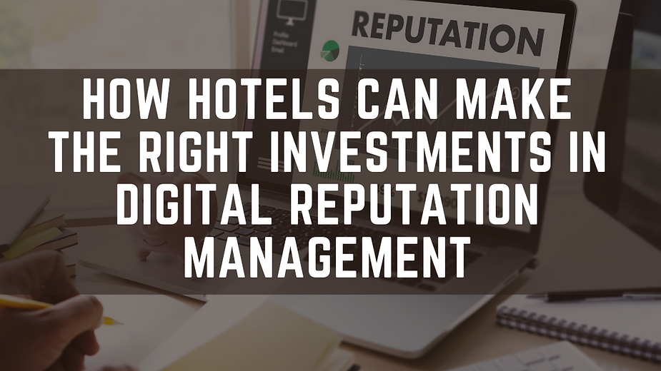 Man looking at the tablet with a caption How Hotels Can Make the Right Investments in Digital Reputation Management